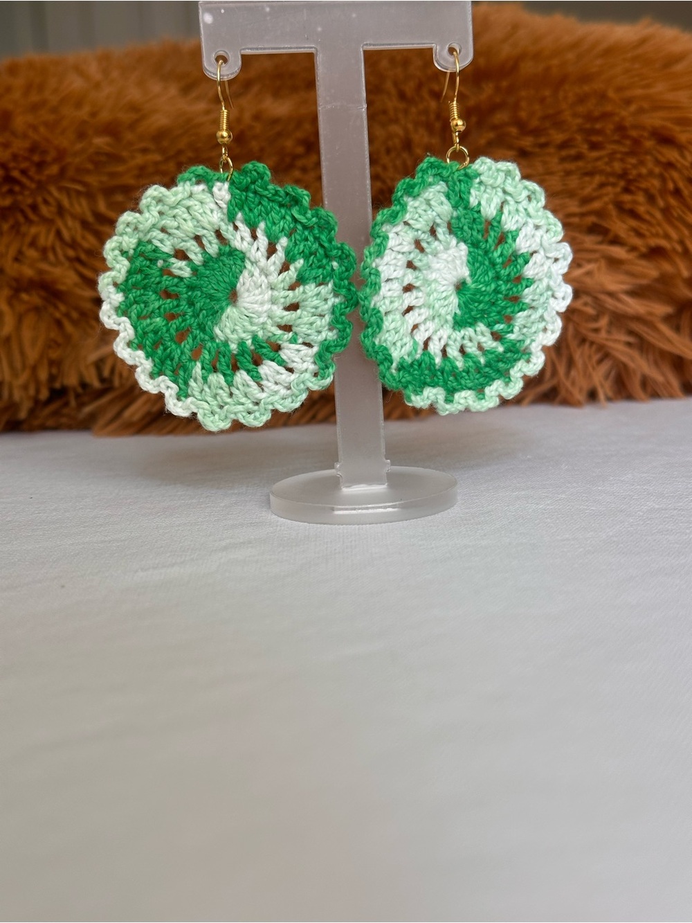 Handmade Green & White Crochet Round Earrings - Women Accessories